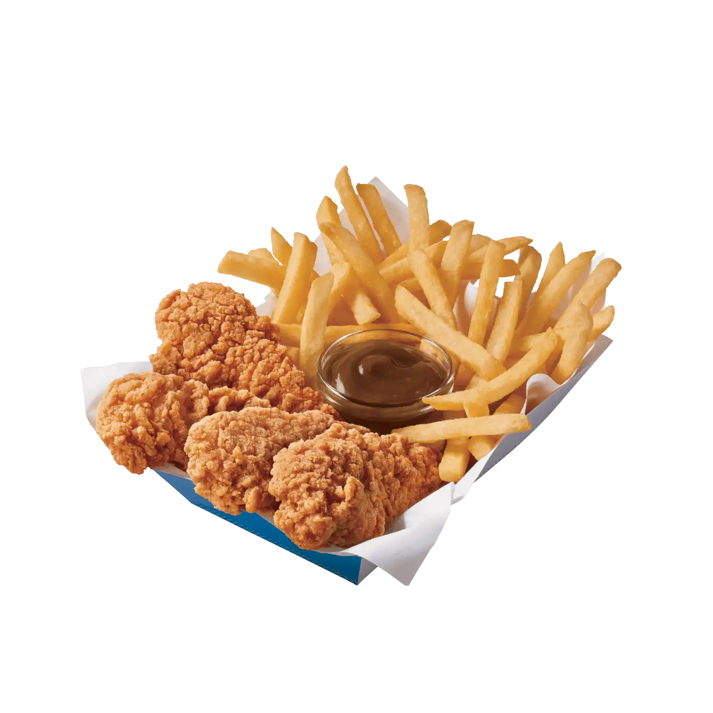Four chicken strips with gravy and french fries